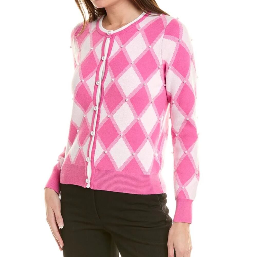 Nanette Lepore Argyle Cardigan Pearl Crew Neck Plaid Barbie Sweater, Pink